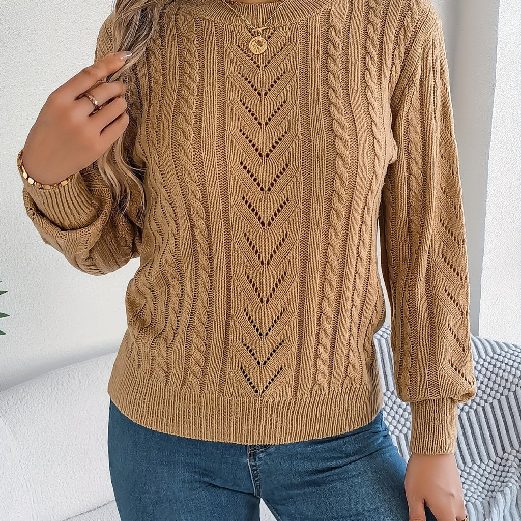 Pull en maille torsadée ajourée à col rond pour femme