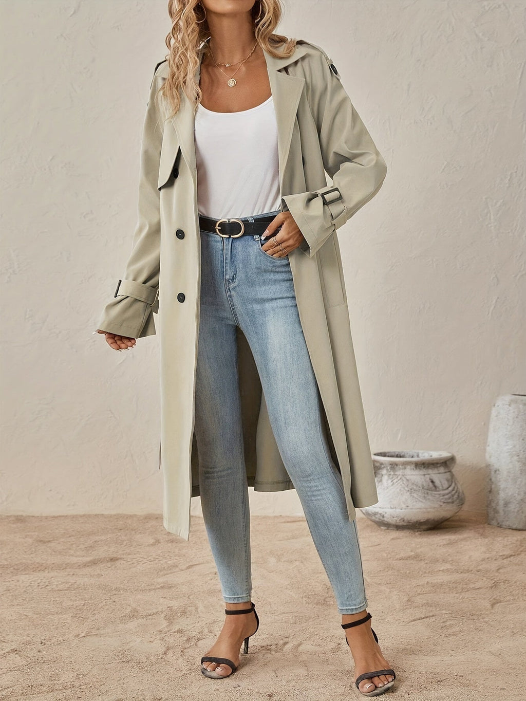 Trench Long Femme En Coton Mélangé À Taille Ajustée