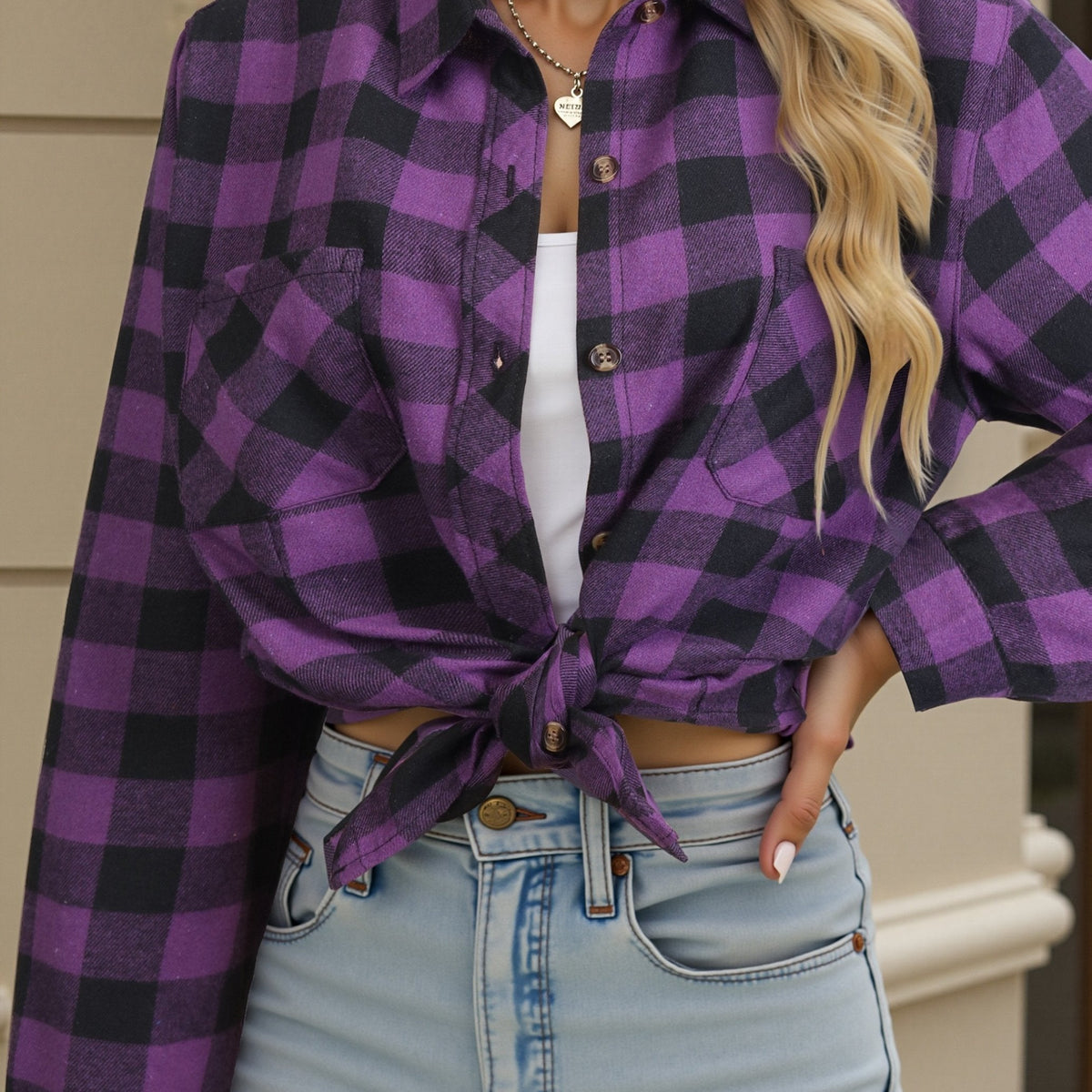 Chemise à carreaux avec poches poitrine coupe décontractée pour femme