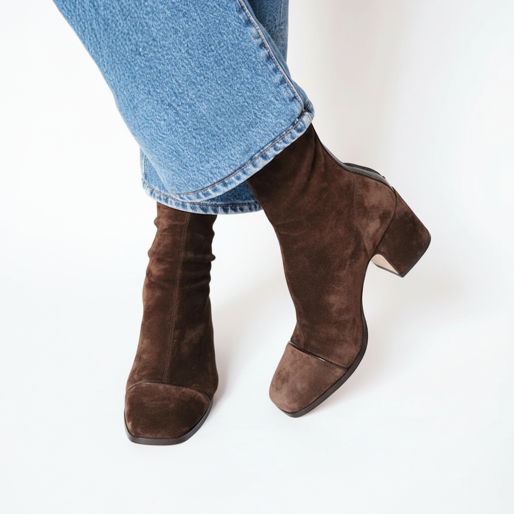 Bottines Femme Bout Carré Effet Suédine À Talon Bloc