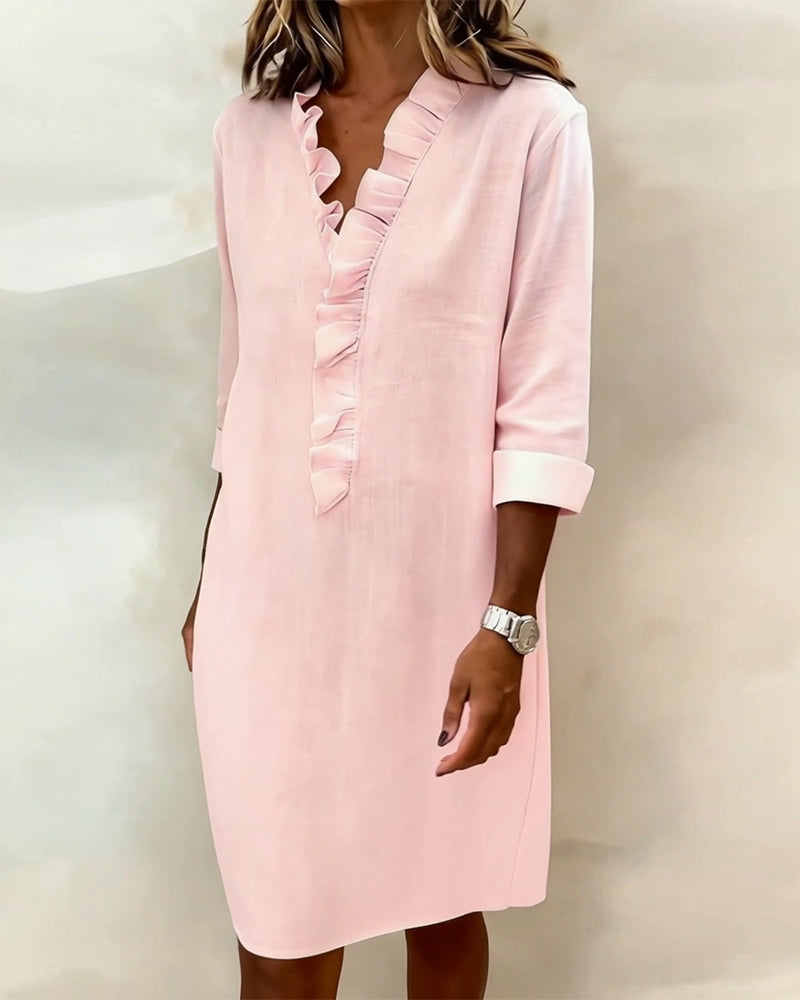 Robe Lin Femme À Col V Et Volants Manches Longues