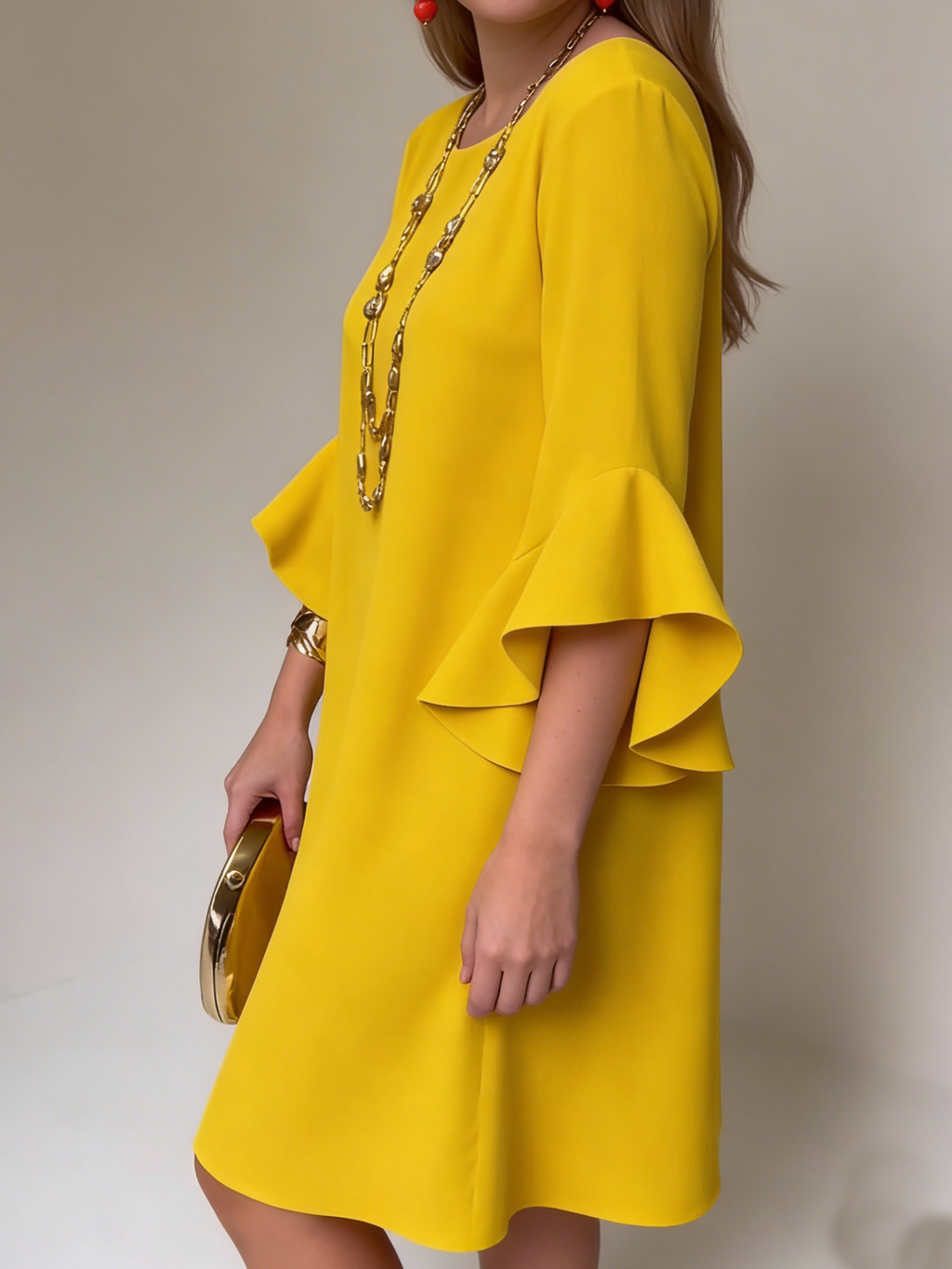 Robe Fluide Femme Courte À Manches Volantées Et Col Rond