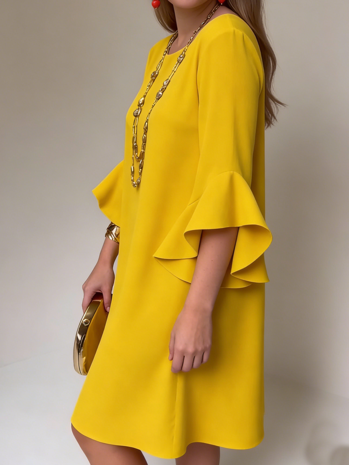 Robe Fluide Femme Courte À Manches Volantées Et Col Rond