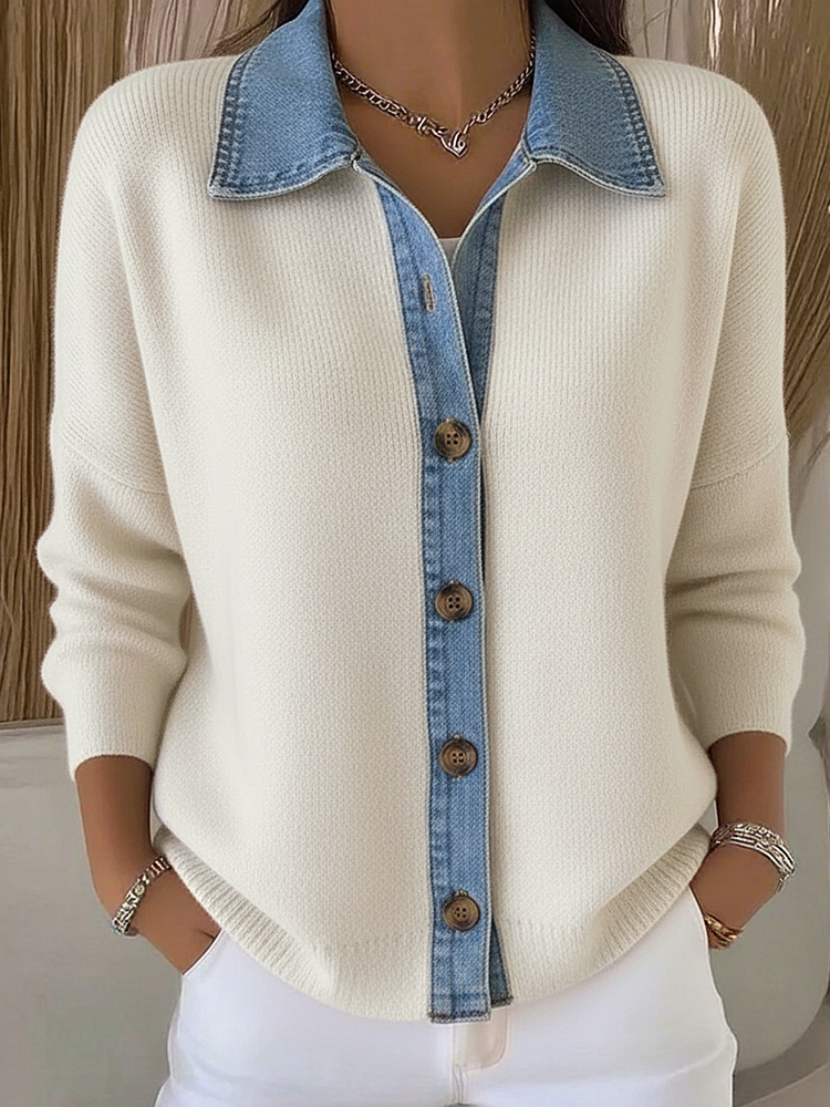 Cardigan Femme En Tricot Col Polo Avec Patchs En Denim