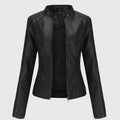 Veste En Cuir Femme Zippée À Col Montant Ajustée