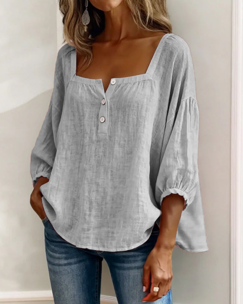 Blouse en lin mélangé à encolure carrée pour femme
