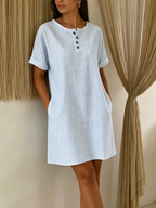 Robe En Lin Femme Boutonnée Col Henley Coupe Ample