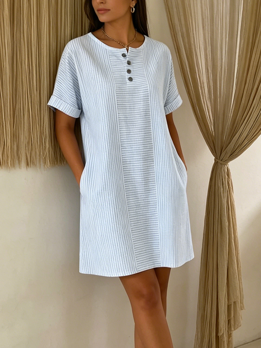 Robe En Lin Femme Boutonnée Col Henley Coupe Ample