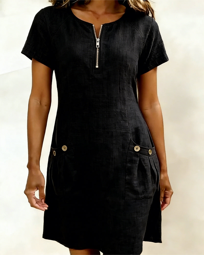 Robe courte coupe A-line en coton et lin à fermeture zippée pour femme