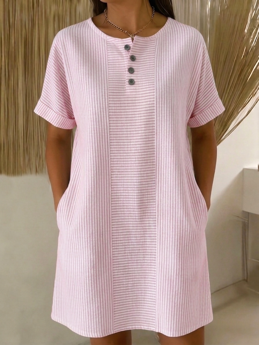 Robe En Lin Femme Boutonnée Col Henley Coupe Ample