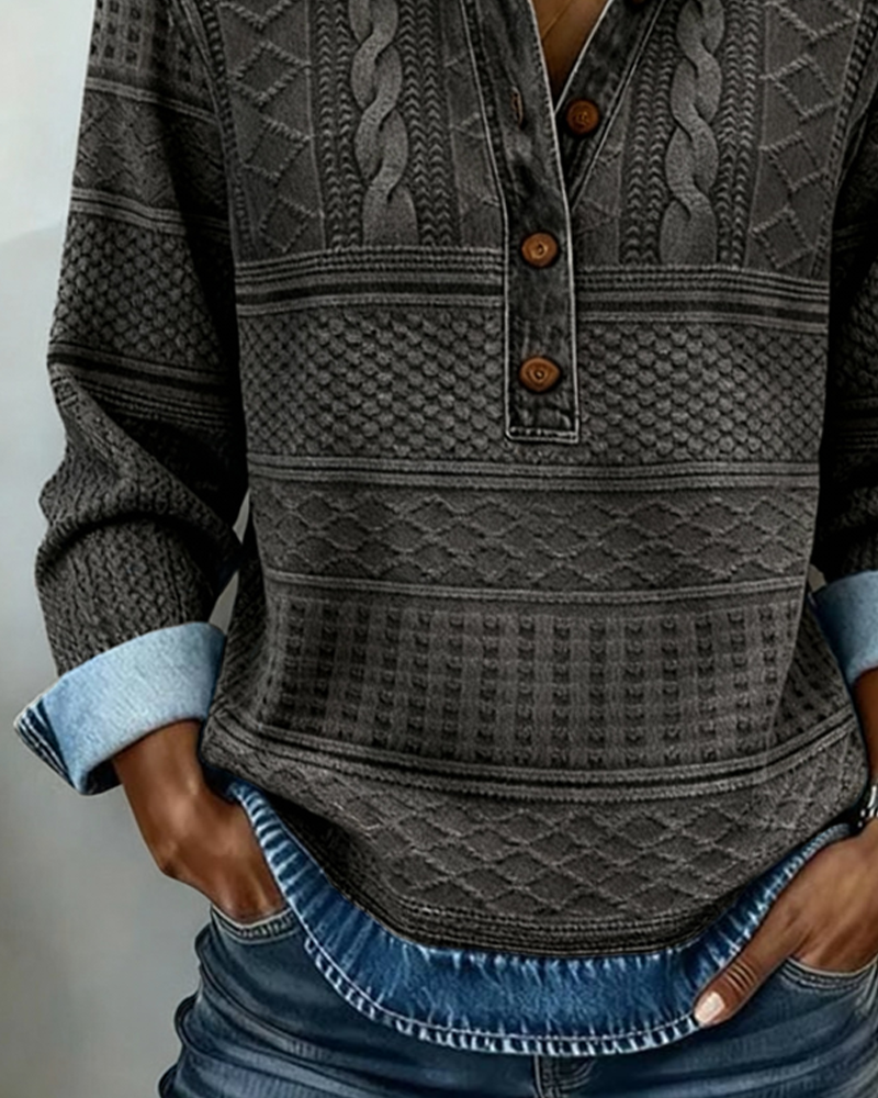 Pull Femme En Maille Effet Denim À Col Polo Boutonné