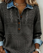 Pull Femme En Maille Effet Denim À Col Polo Boutonné