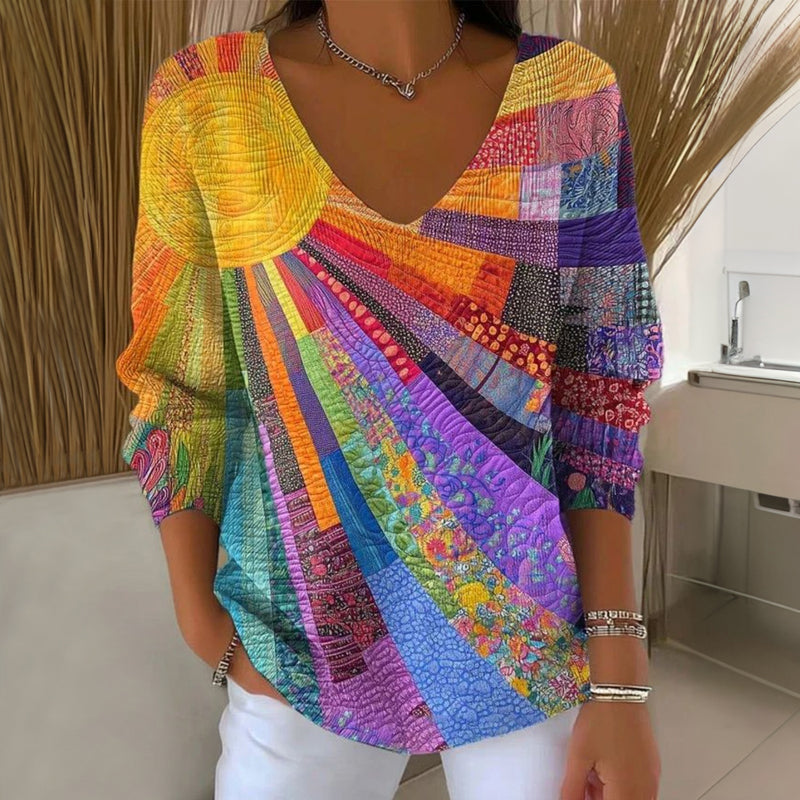 Pull Femme Imprimé À Col V En Maille De Coton Mélangé