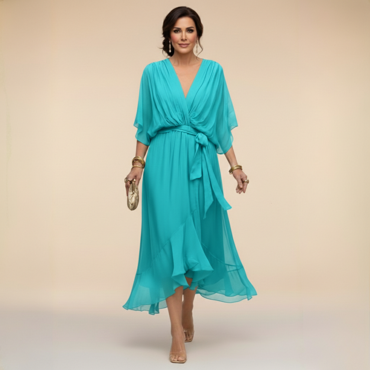 Robe en chiffon fluide col V ceinturée pour femme