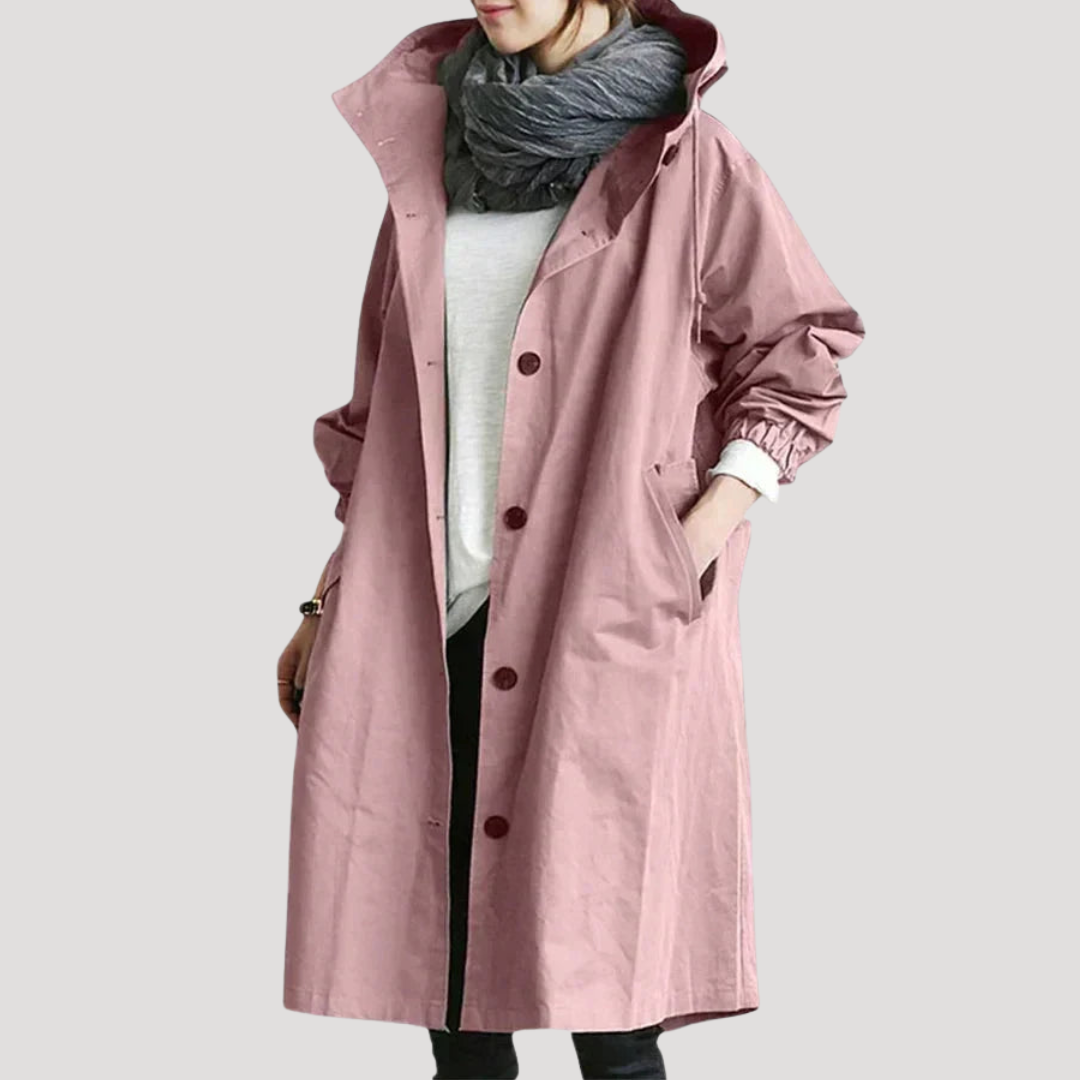Manteau Long Femme Boutonné À Capuche Ajustable