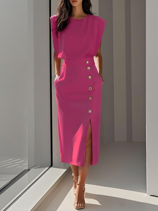 Robe midi unie décolleté rond et fente boutonnée pour femme