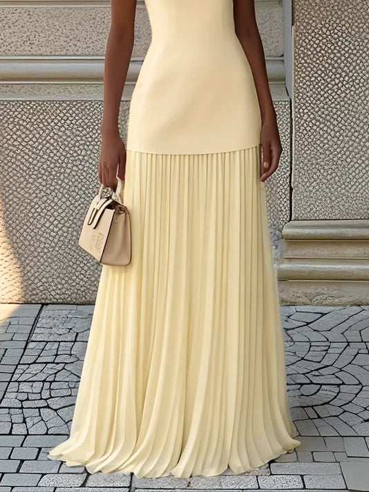 Robe longue plissée sans manches pour femme