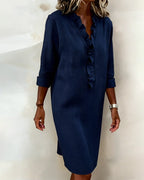 Robe Lin Femme À Col V Et Volants Manches Longues