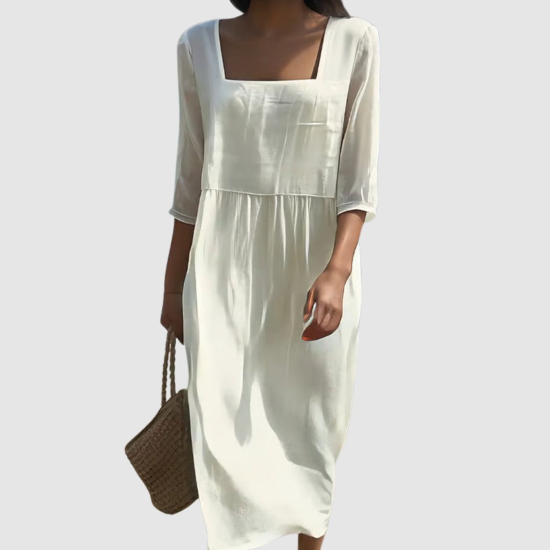 Robe En Lin Femme Ample À Encolure Carrée Et Manches Mi-Longues