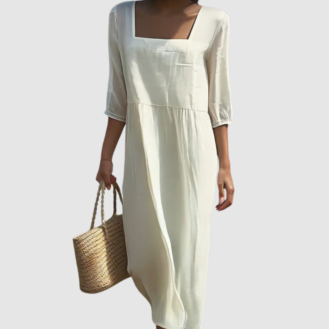Robe En Lin Femme Ample À Encolure Carrée Et Manches Mi-Longues