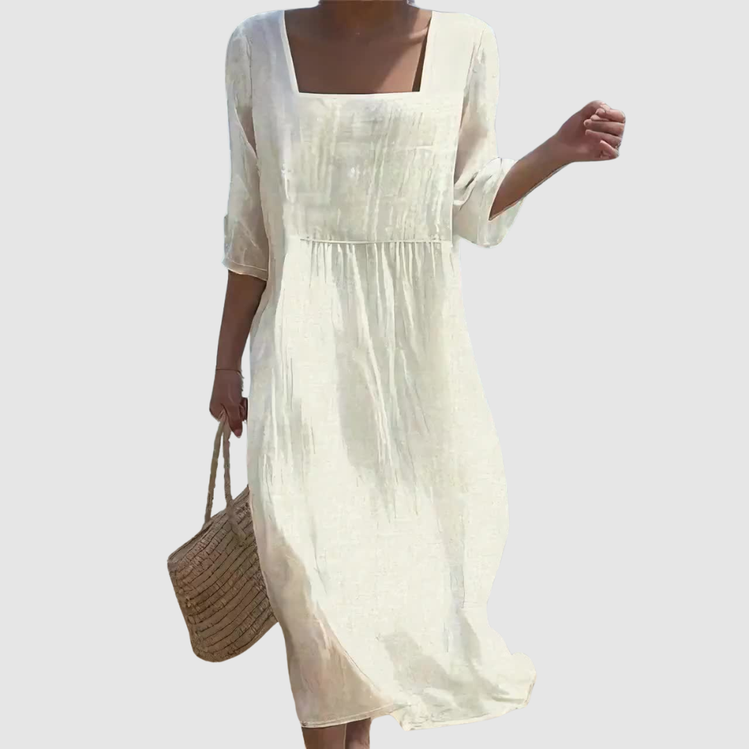 Robe En Lin Femme Ample À Encolure Carrée Et Manches Mi-Longues