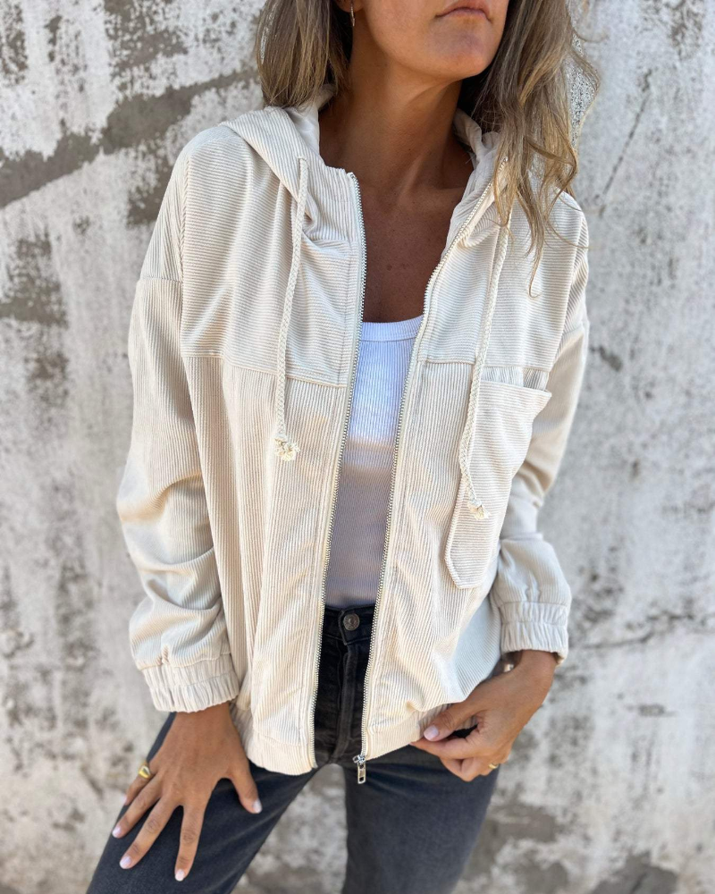 Veste Femme En Velours Côtelé À Capuche Et Zip