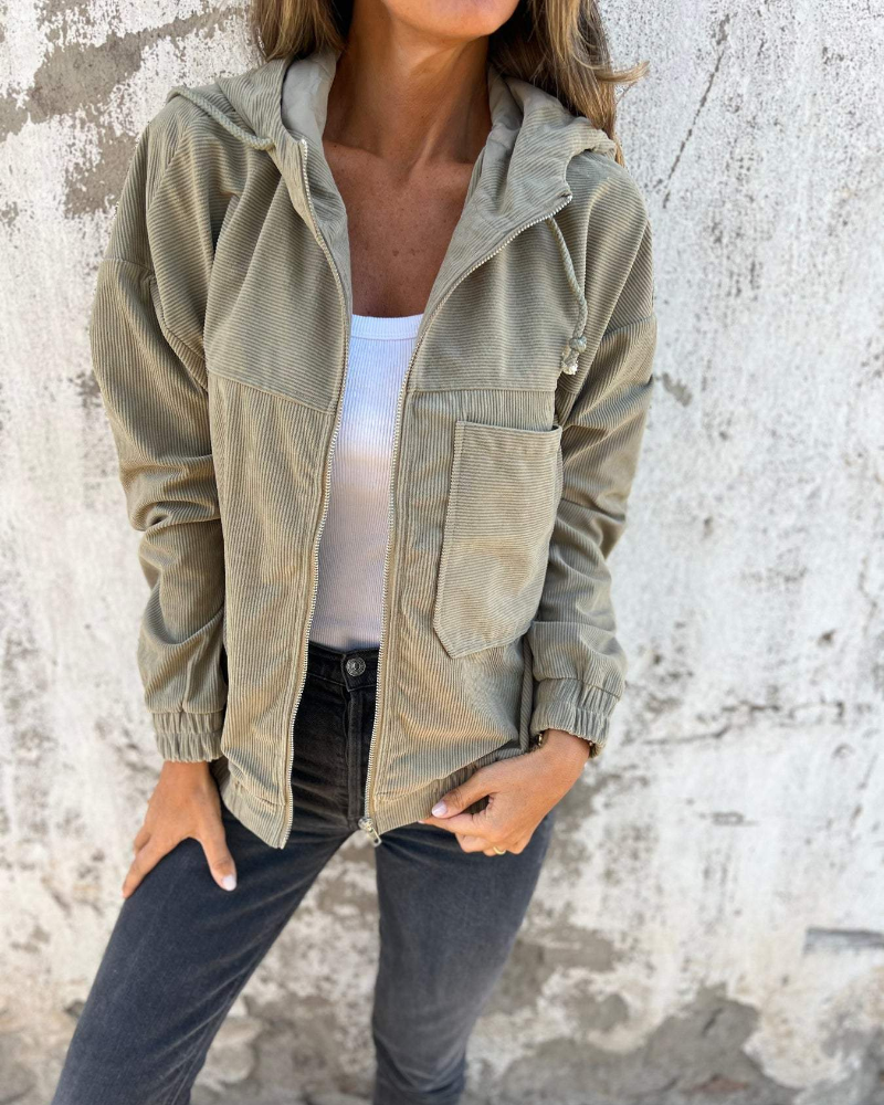 Veste Femme En Velours Côtelé À Capuche Et Zip