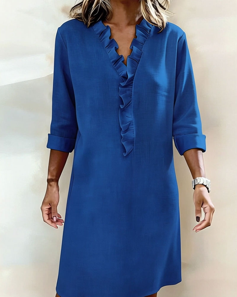 Robe Lin Femme À Col V Et Volants Manches Longues