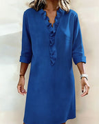 Robe Lin Femme À Col V Et Volants Manches Longues