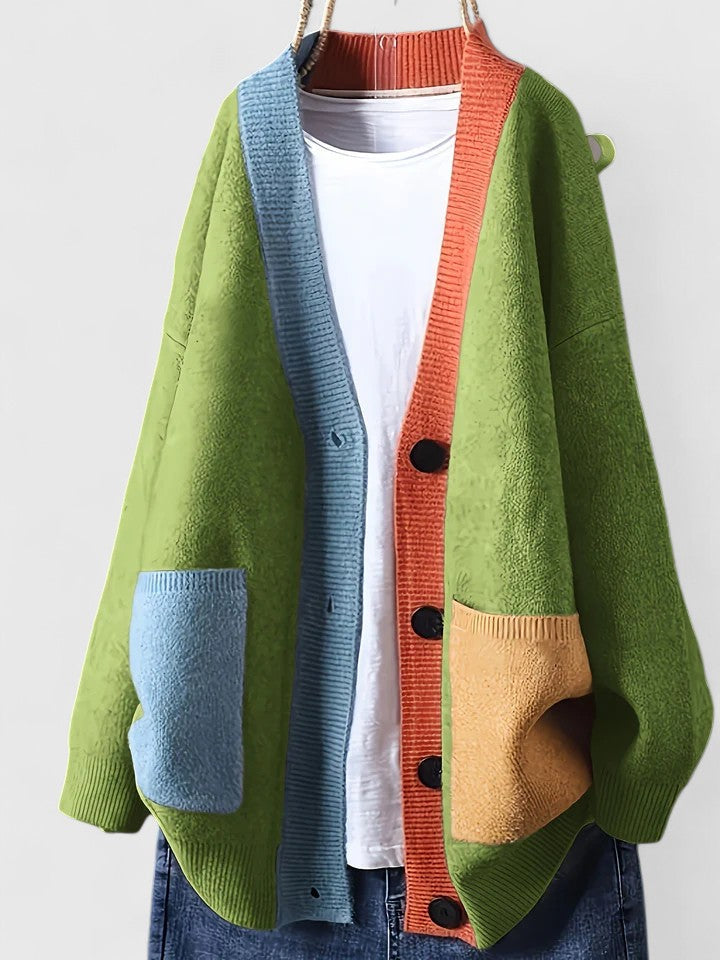 Cardigan oversize à poches plaquées et bordures contrastées pour femme