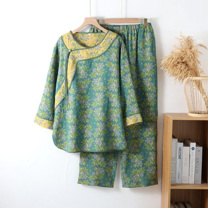 Pyjama Femme En Gaze De Coton À Imprimé Floral Deux Pièces