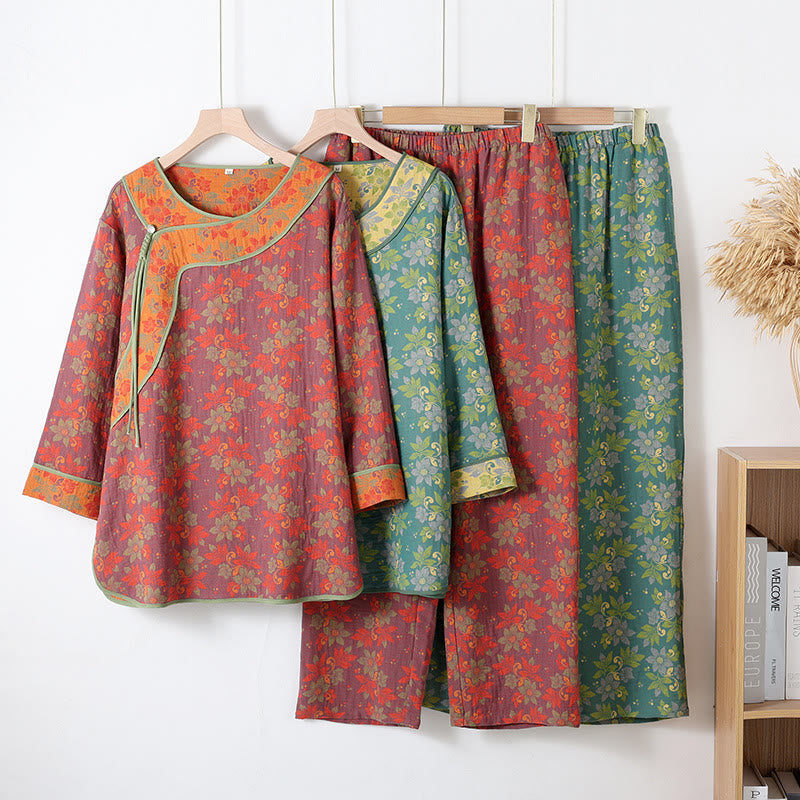 Pyjama Femme En Gaze De Coton À Imprimé Floral Deux Pièces