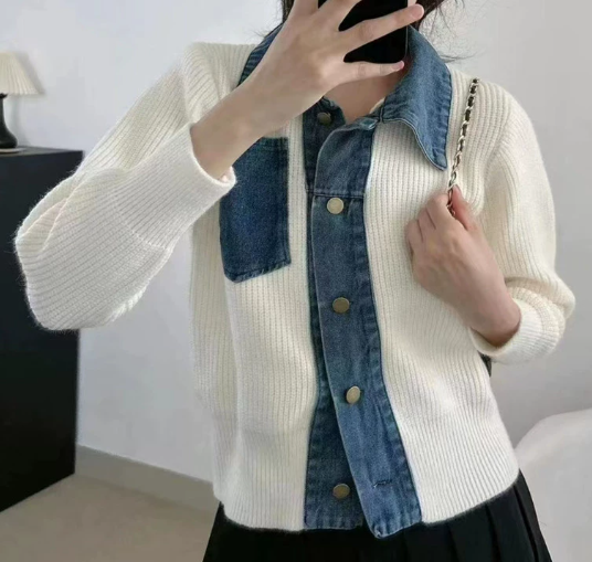 Cardigan Femme En Maille Effet Denim À Col Polo