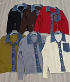 Cardigan Femme En Maille Effet Denim À Col Polo