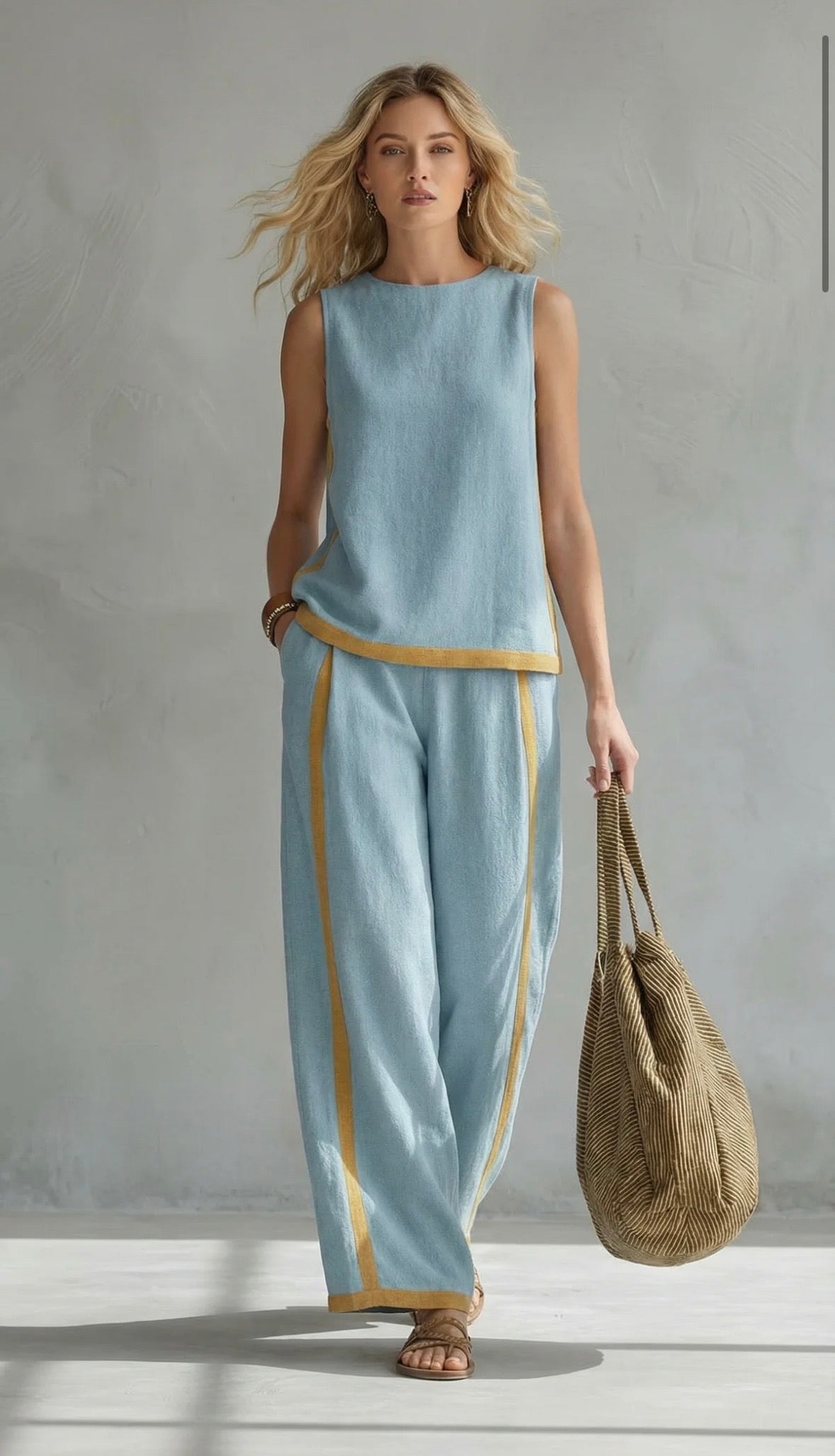 Ensemble haut sans manches et pantalon large en coton et lin pour femme