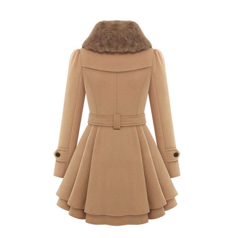 Trench long à ceinture et col en fausse fourrure pour femme