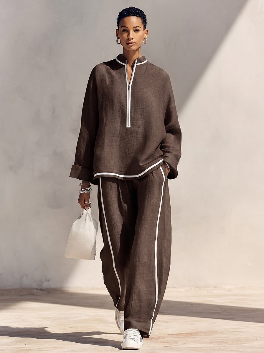 Ensemble Femme En Lin Avec Top Demi-Zip Et Pantalon Large