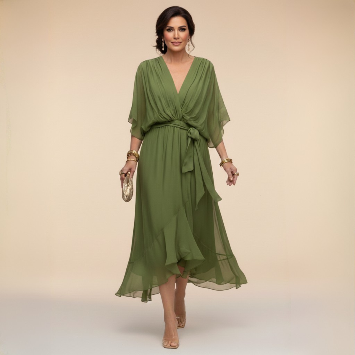Robe en chiffon fluide col V ceinturée pour femme