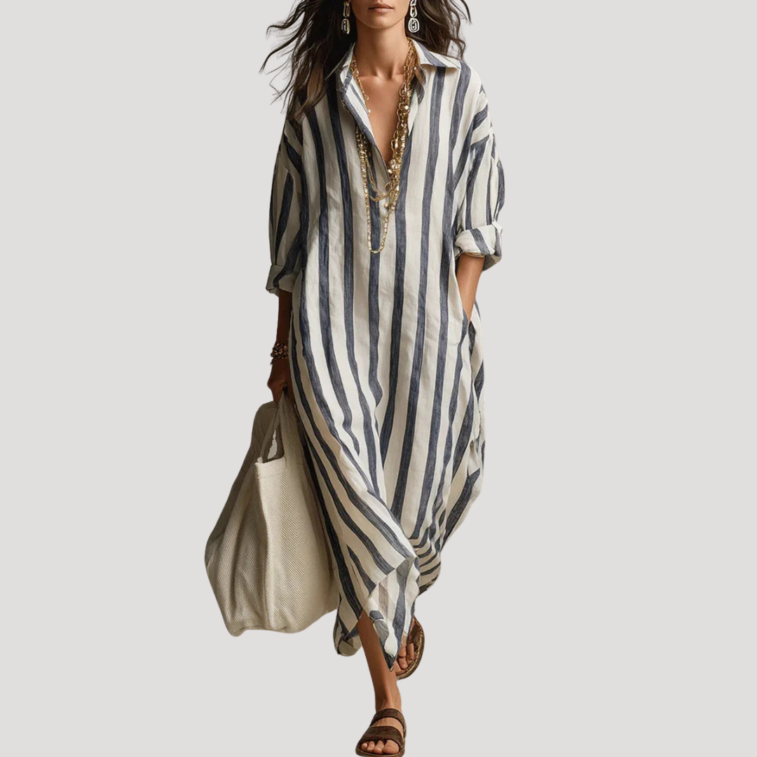 Robe Chemise Femme Longue En Lin Rayé À Manches Retroussables