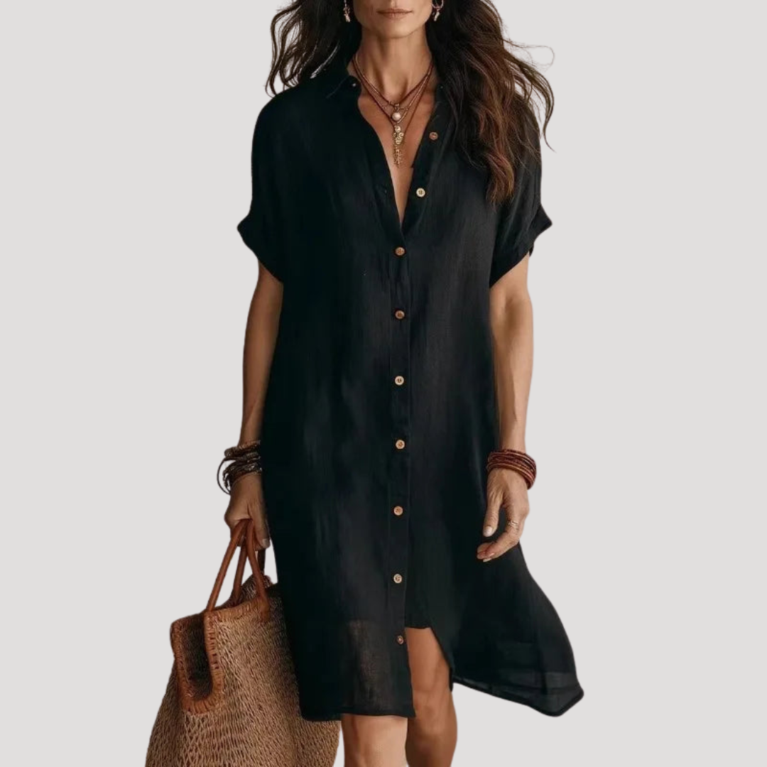Robe Chemise Longue Femme Col V Boutonnée Manches Courtes