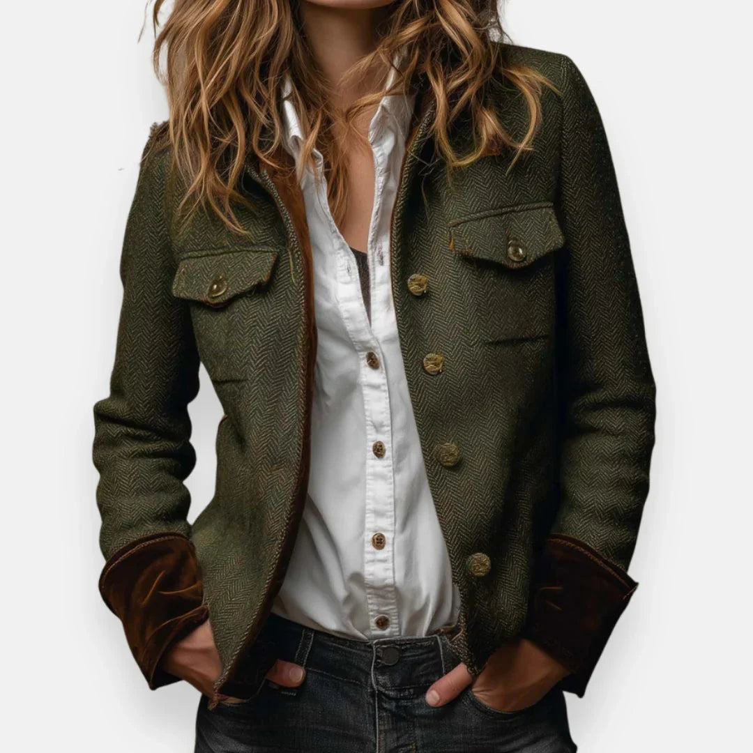 Veste Tweed Femme À Chevrons Et Poignets En Velours