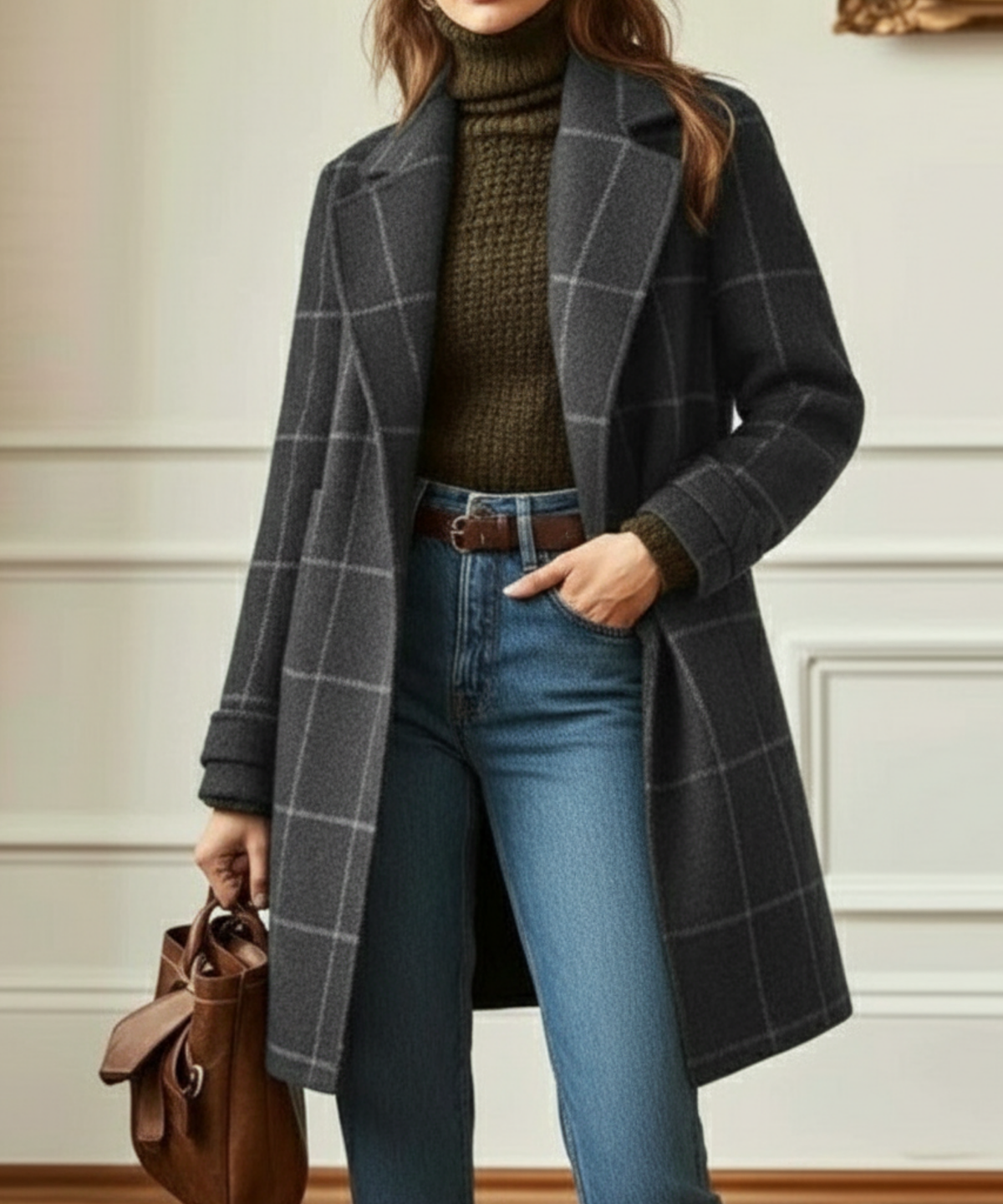 Manteau en laine mélangée à carreaux et col revers pour femme