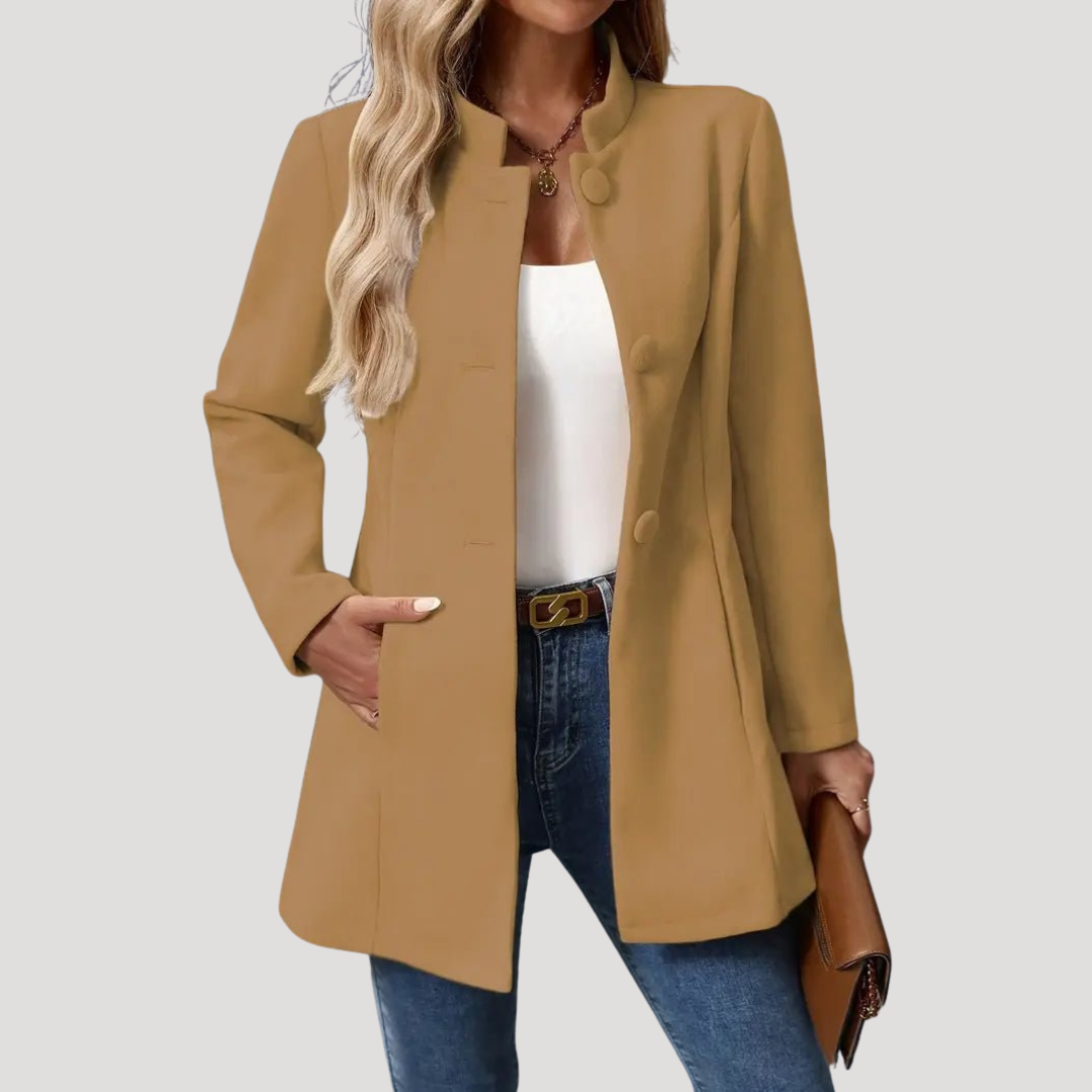 Manteau Femme Mi-Long Col Montant Poches Passepoilées