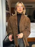 Blazer Femme Oversize En Daim Marron À Revers Larges