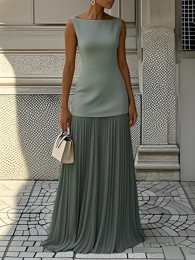 Robe longue plissée sans manches pour femme