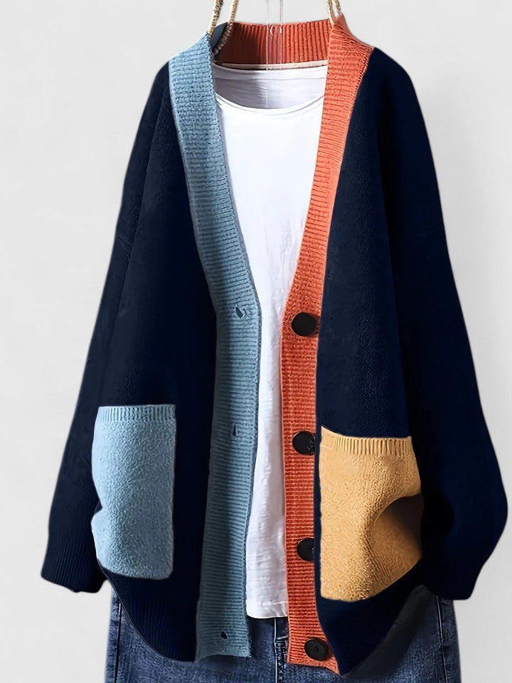 Cardigan oversize à poches plaquées et bordures contrastées pour femme