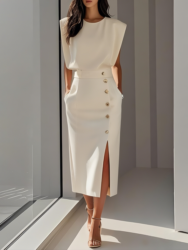 Robe midi unie décolleté rond et fente boutonnée pour femme