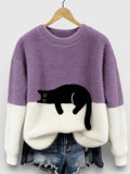 Pull Femme En Coton À Imprimé Chat Et Coupe Ample