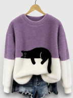 Pull Femme En Coton À Imprimé Chat Et Coupe Ample