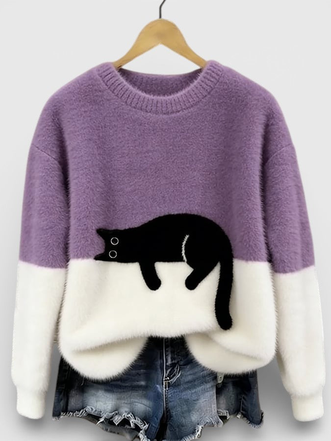 Pull Femme En Coton À Imprimé Chat Et Coupe Ample